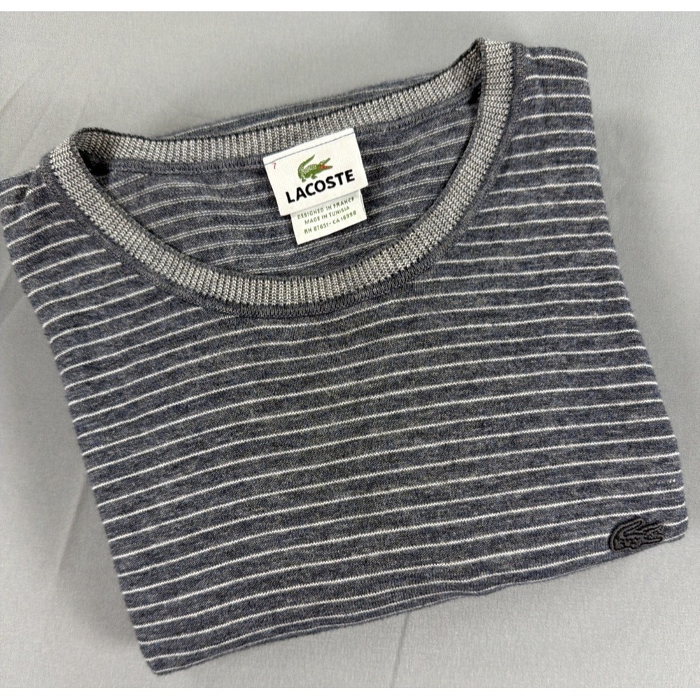 Lacoste Striped Sweater Men's Size 7 (XXL) Crewneck Cotton Gray Classic